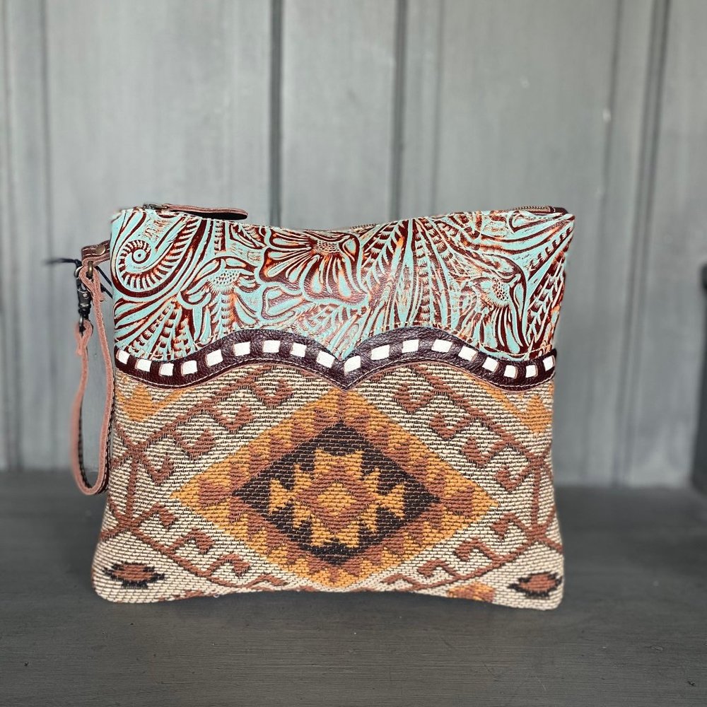 Myra Genuine Embossed Leather and Rug Crossbody Wristlet